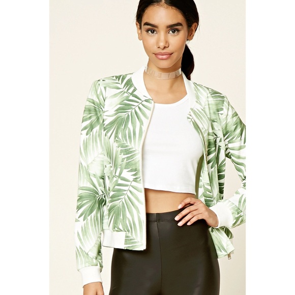 Forever 21 NWT green Palm Leaf Bomber Jacket - Med - Picture 5 of 10